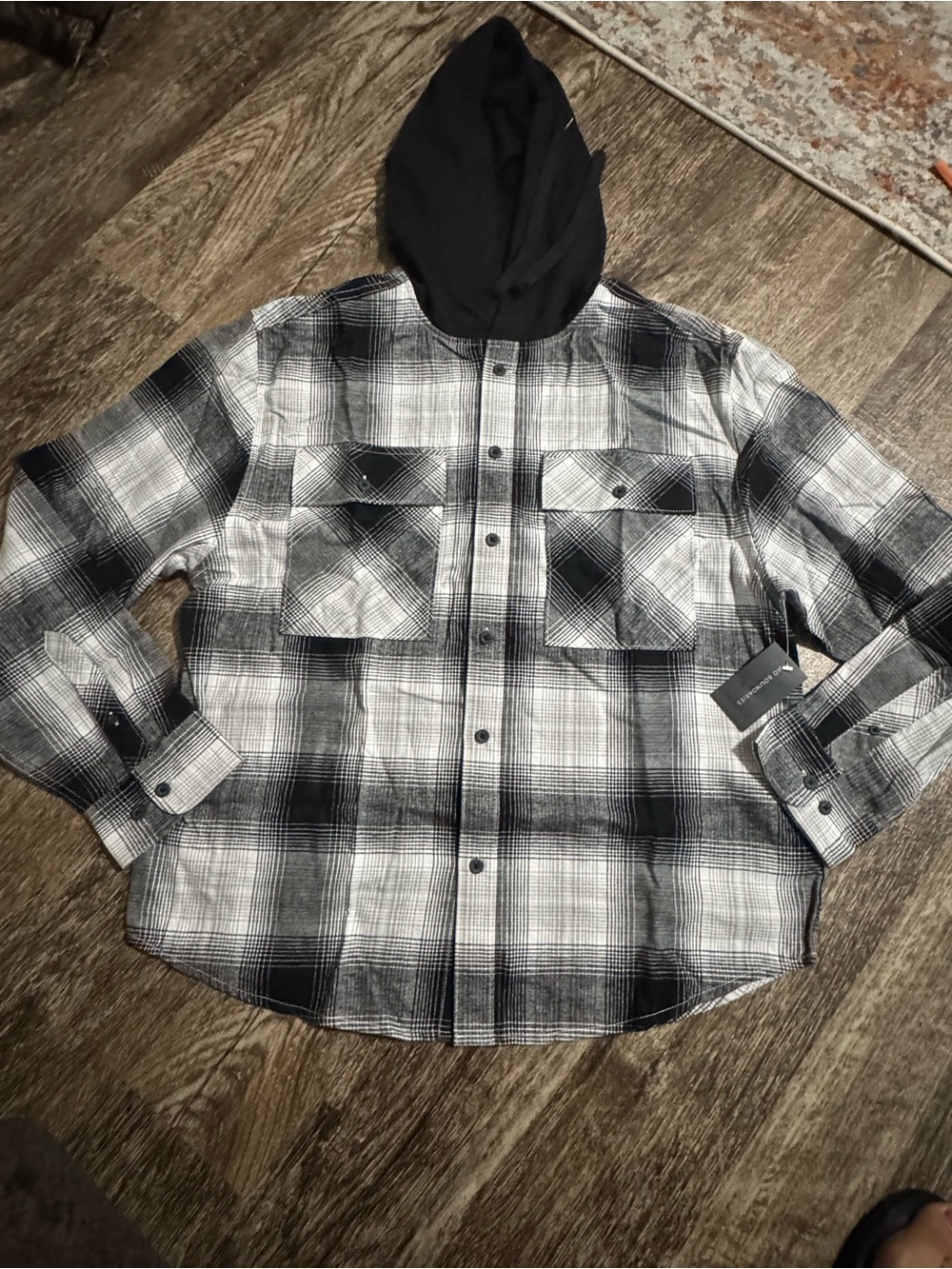No Boundaries Black and White Plaid Hooded Snap Shirt